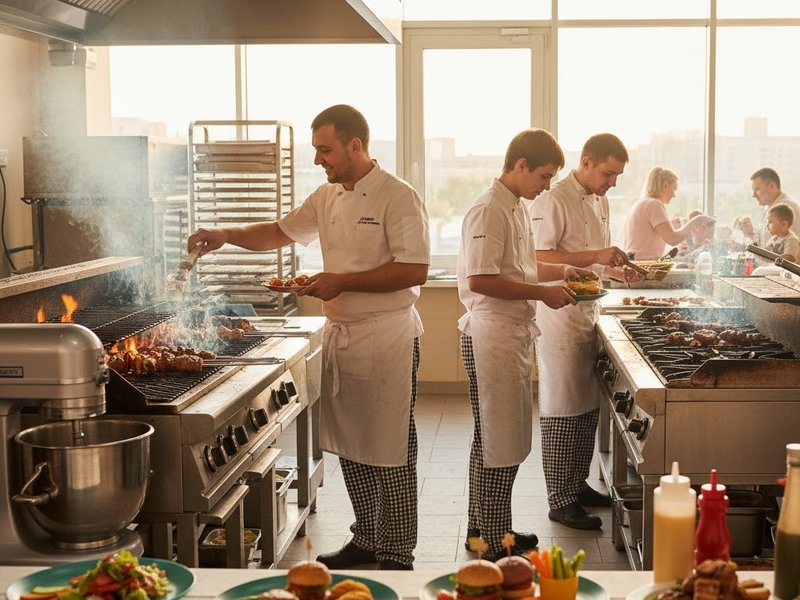 Команда Grillehousevidnoe работает на кухне гриль-хауса, готовя блюда для детского меню.