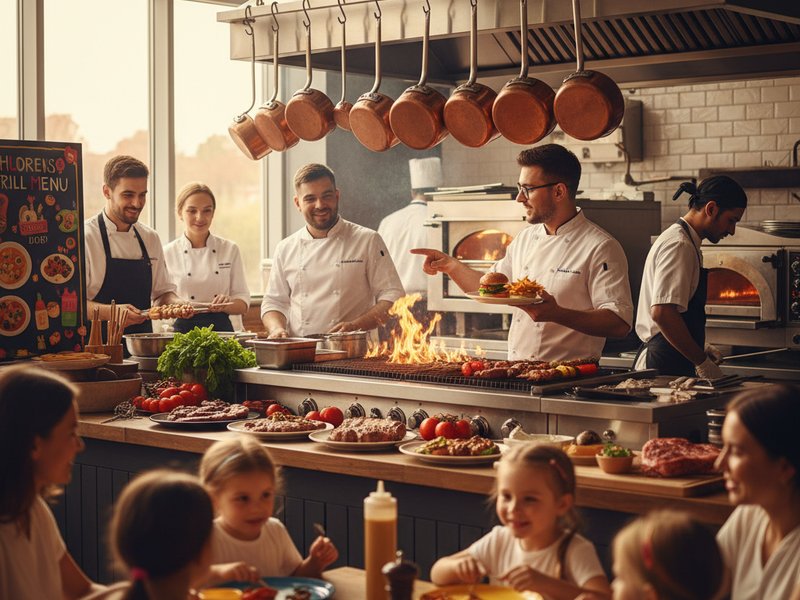 Команда Grillehousevidnoe работает на кухне гриль-хауса, готовя блюда для детского меню.